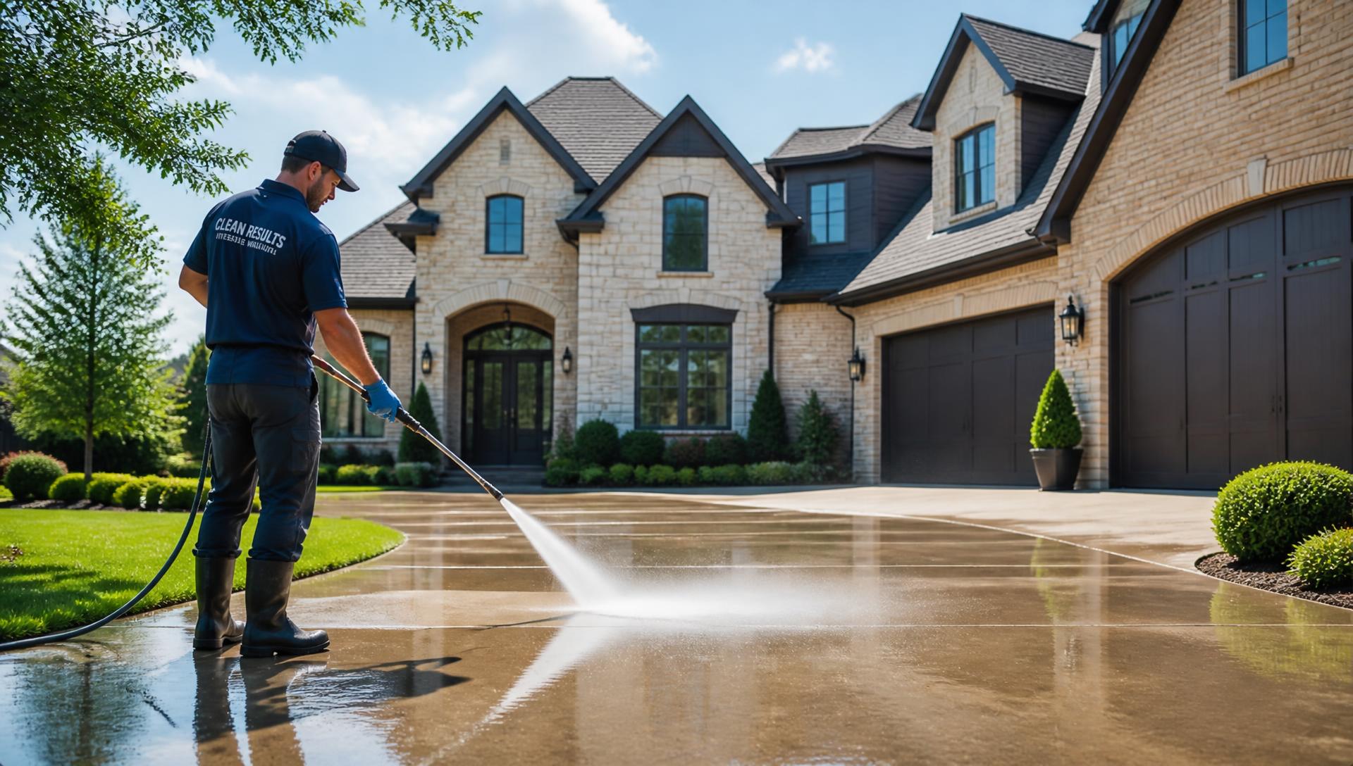 AllClear technician pressure washing the driveway of a home in Alliance, Ohio